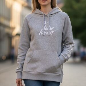 Under Armour Women's Plus 3X Grey Script Logo Pullover Hoodie — Sleeve Graphic
